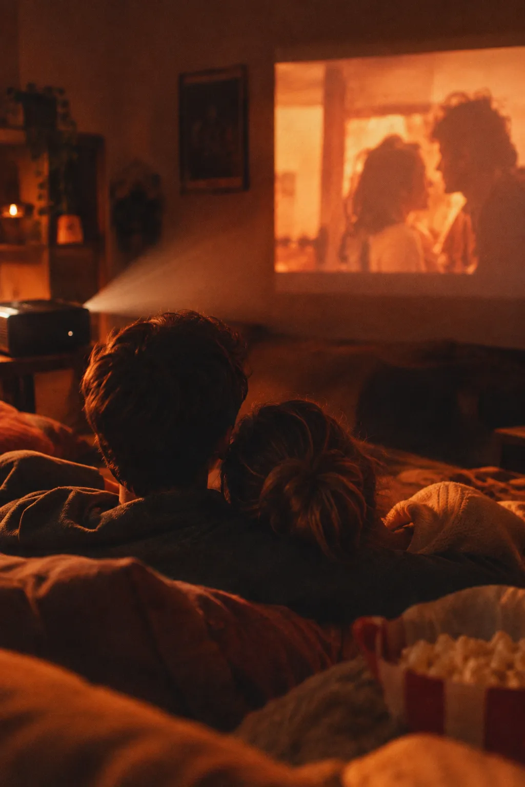 Two people under a blanket, watching a film projected on the wall.