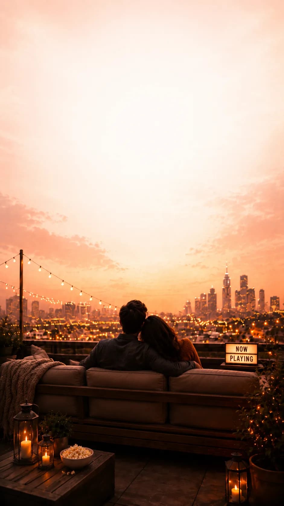 Two people on a rooftop sofa at dusk, a lit sign reading Now Playing beside them.