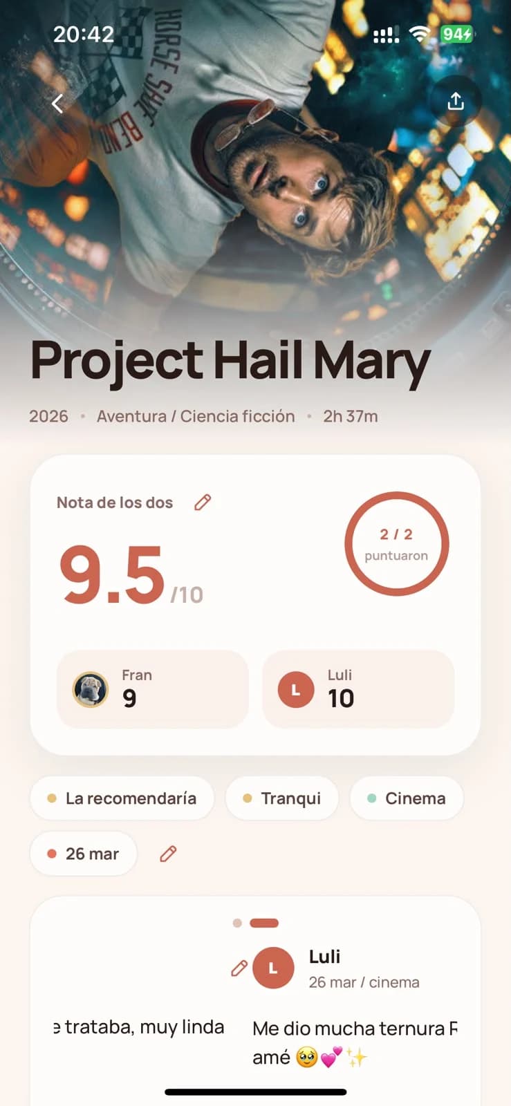 Una entrada del diario para Project Hail Mary: 9.5 entre los dos, Fran le puso 9 y Luli 10, con etiquetas de la noche y una nota.