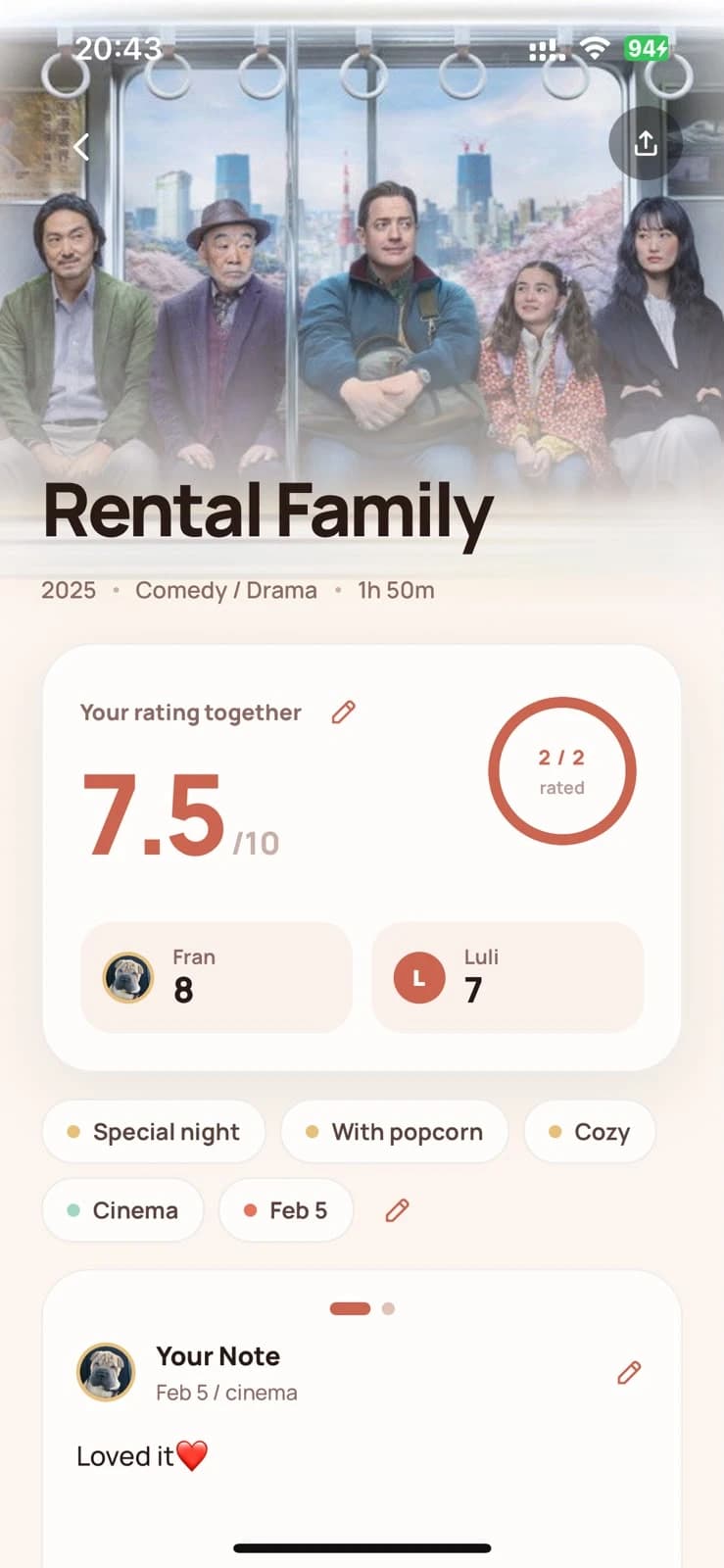 A diary entry for Rental Family: 7.5 together, Fran gave it an 8 and Luli a 7, with tags for the night and a note.