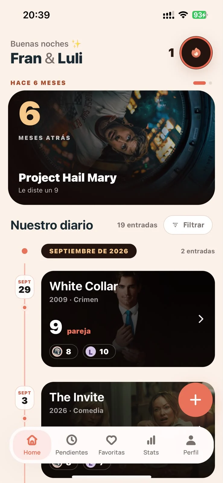 El inicio de Lovvy para Fran y Luli: una película que vieron hace seis meses y el comienzo de su diario, con el puntaje de cada uno en cada entrada.