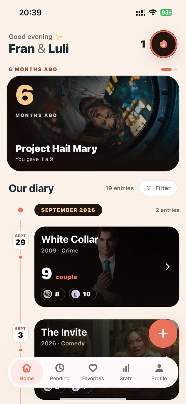 The Lovvy home screen for Fran and Luli: a film they watched six months ago, and the start of their diary timeline with both scores on each entry.