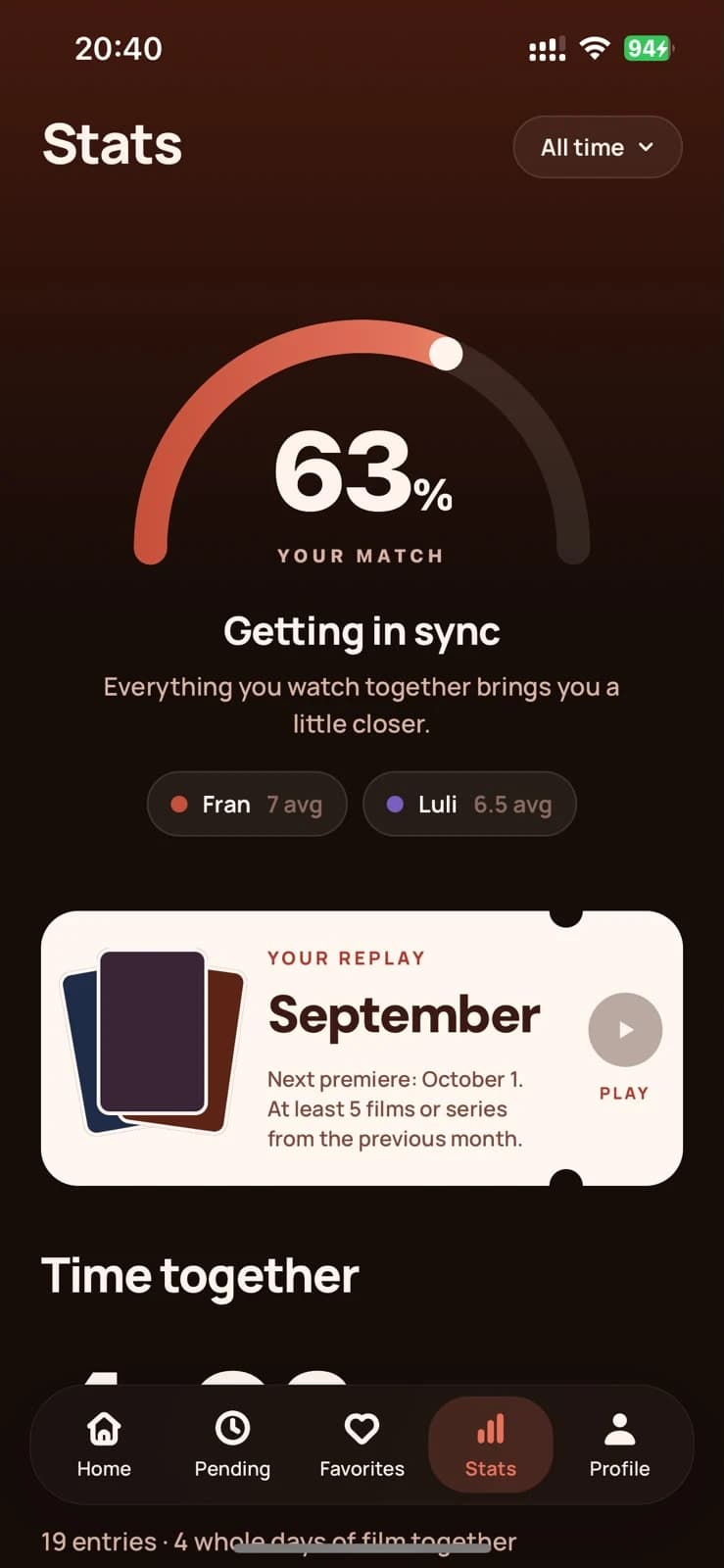 Stats: a 63 percent movie match, each partner’s average score, and September’s Replay waiting to be played.